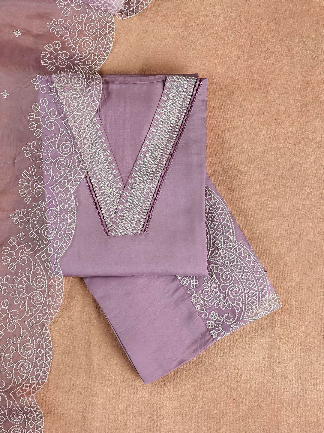

Libas Purple Floral Embroidered Thread Work Unstitched Dress Material
