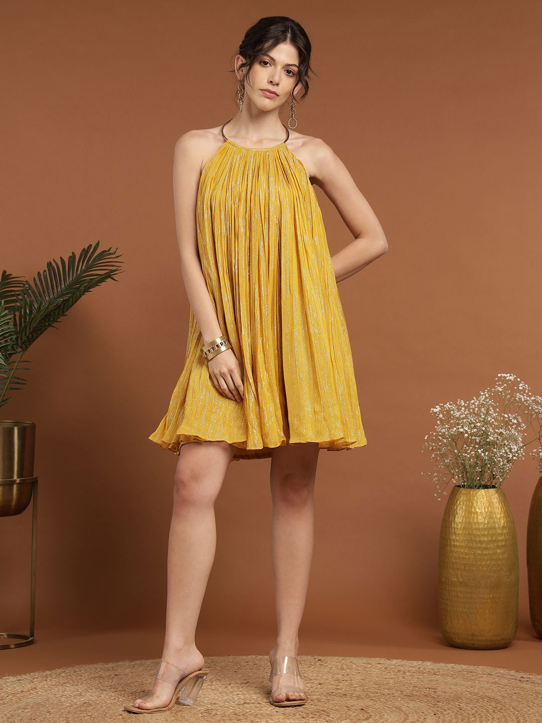 

RIRASA Women Embellished Printed A-Line Dress, Yellow