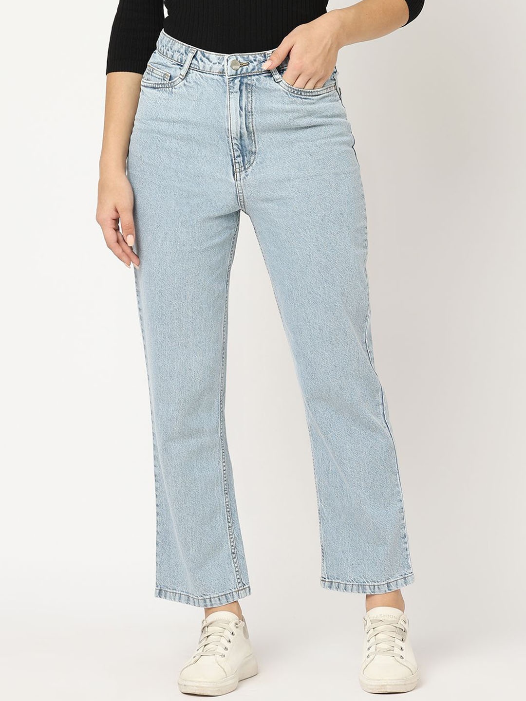 

Kraus Jeans Women Cotton Straight Fit High-Rise Light Fade Jeans, Blue