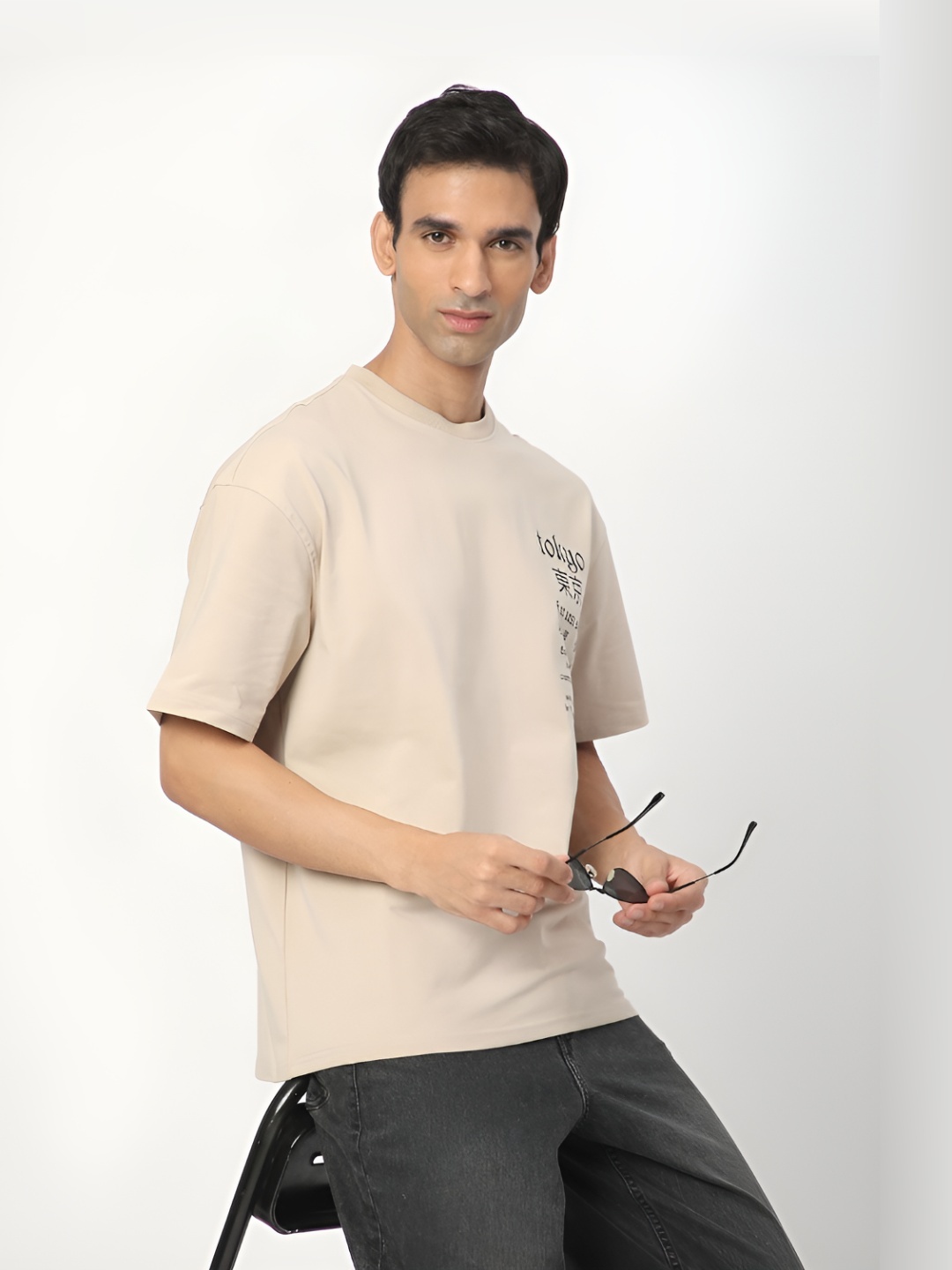 

R&B Men Relaxed Fit Typography Printed Drop-Shoulder Sleeves T-shirt, Beige