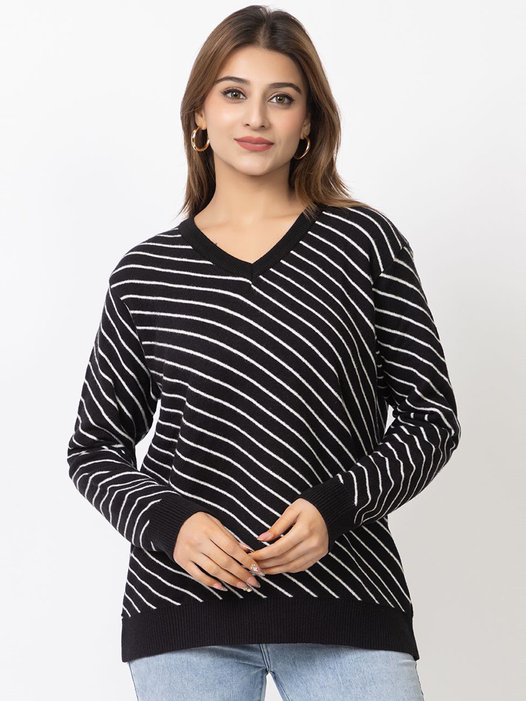 

DressBerry Women Striped Long Sleeves Pullover Sweaters, Black