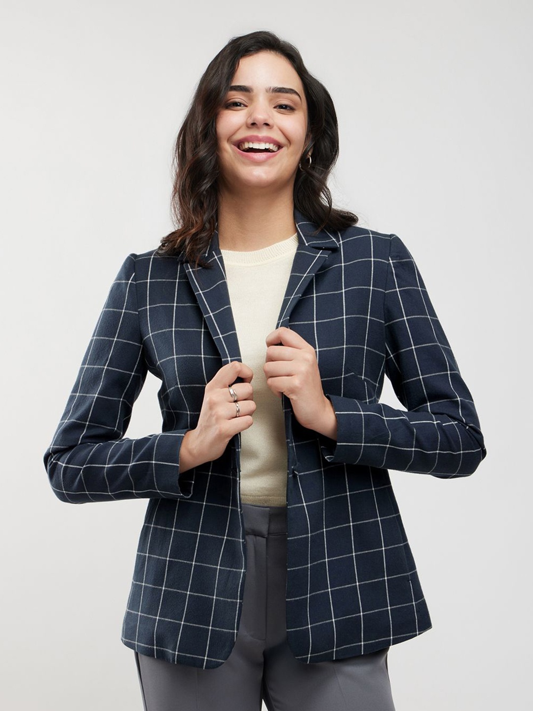 

FableStreet Women Checked Tailored Jacket, Navy blue