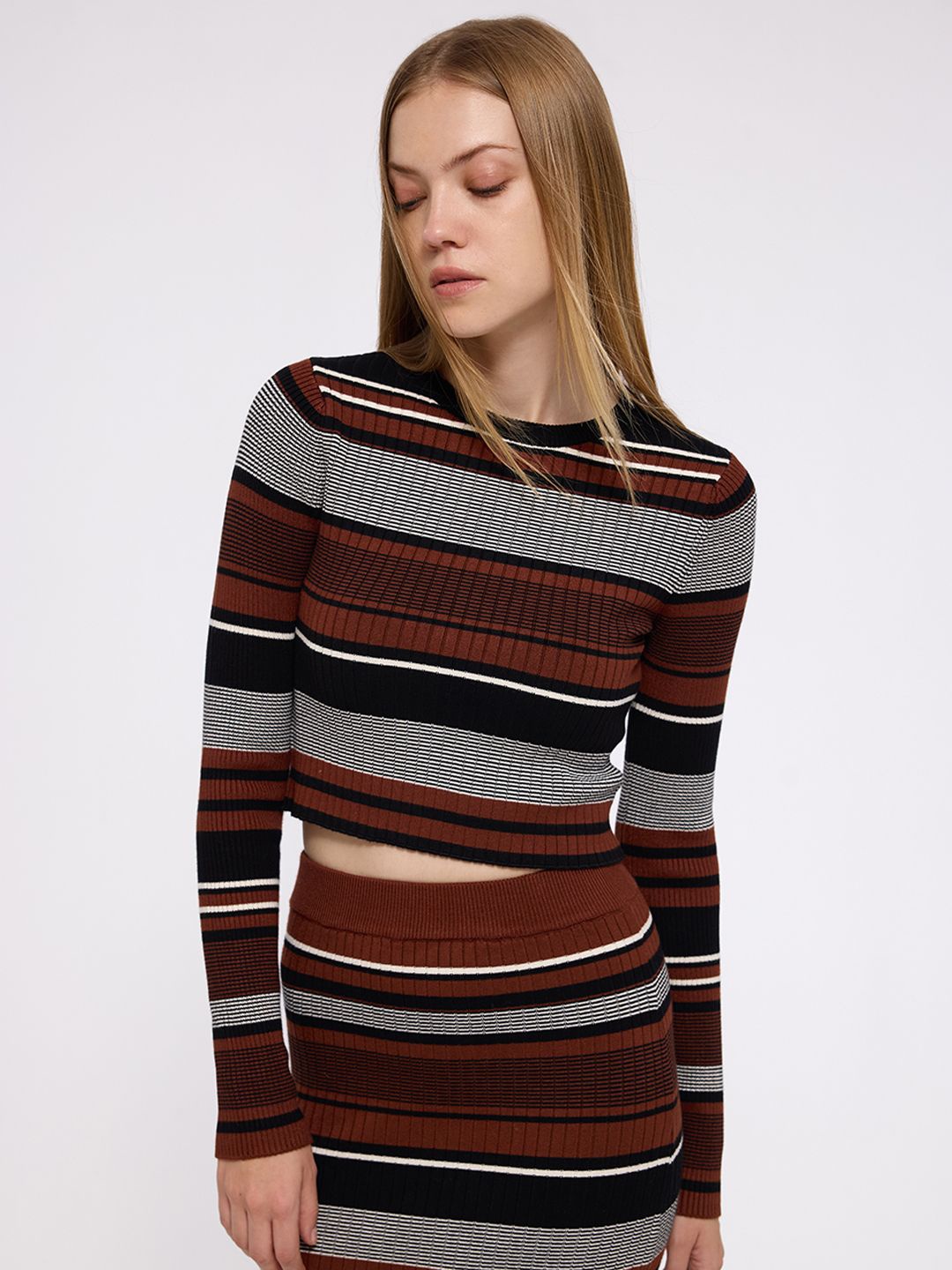 

COVER STORY Women Striped Round Neck Crop Pullover Sweater, Brown