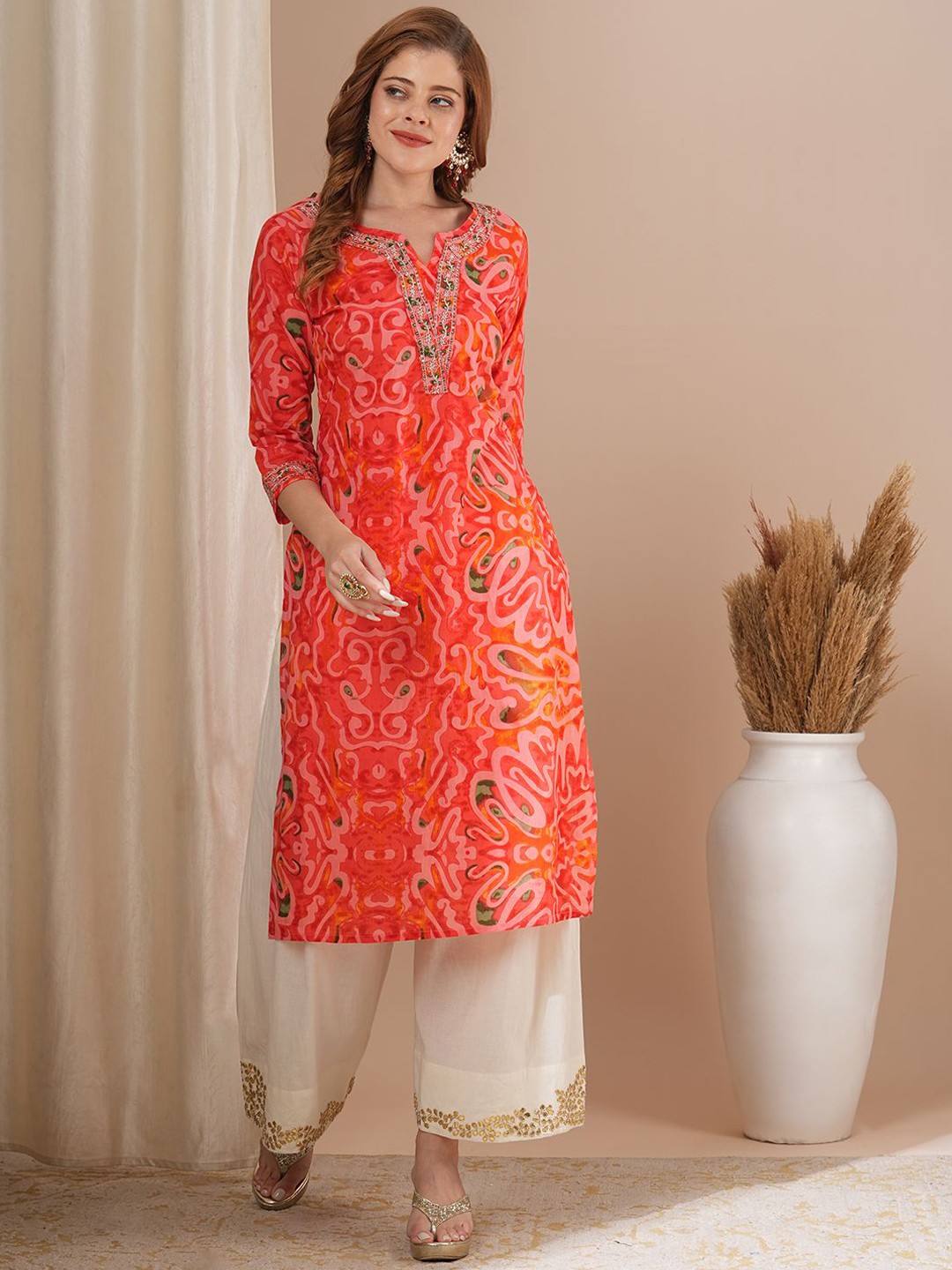 

FASHOR Abstract Printed Sequinned Cotton Straight Kurta, Pink
