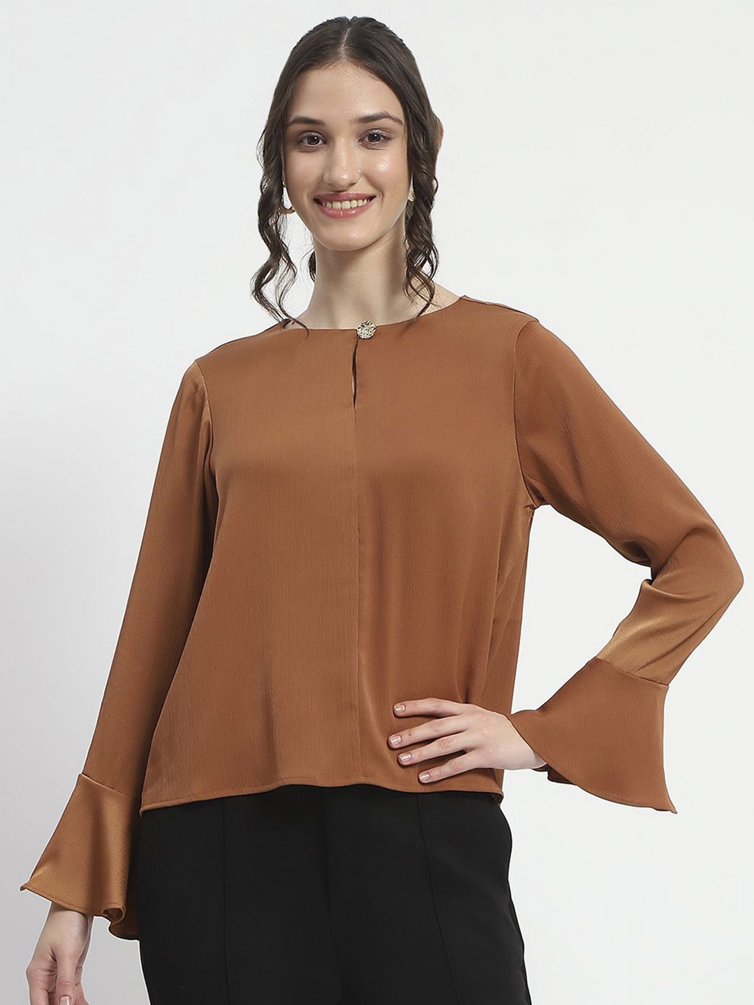 

Madame Women Keyhole Neck Bell Sleeve Top, Rose gold