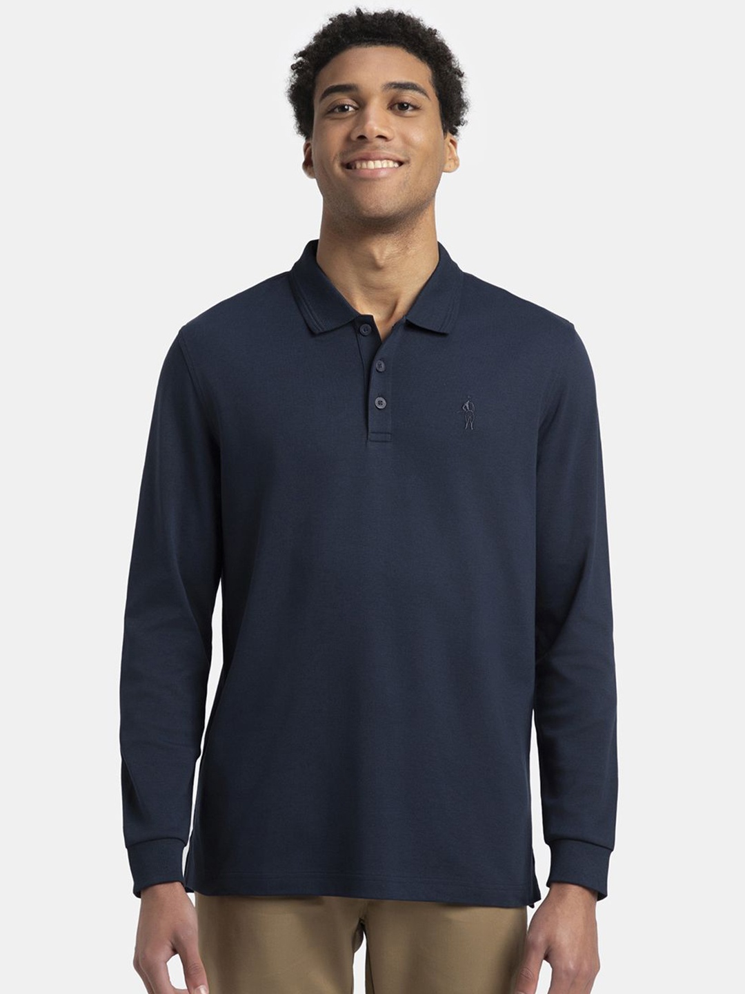 

Jockey Super Combed Cotton Rich Solid Full Sleeve Polo Tshirt with Ribbed Cuffs - 3914, Navy blue