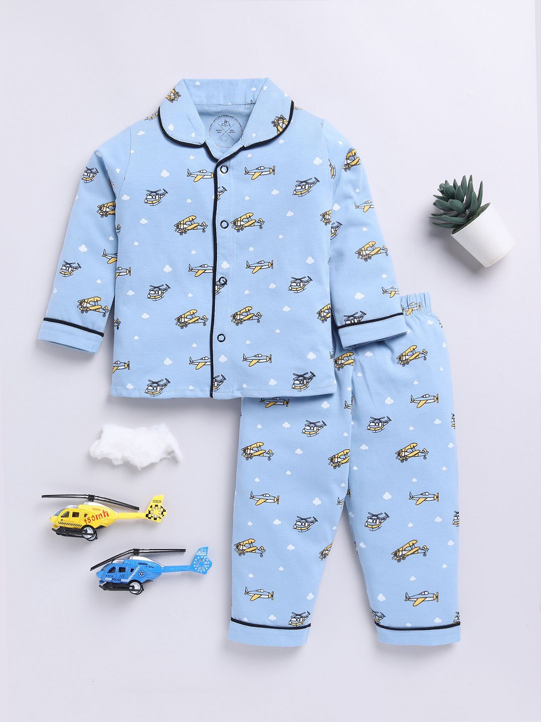 

Clt.s Kids Printed Lapel Collar Pure Cotton Night Suit, Blue