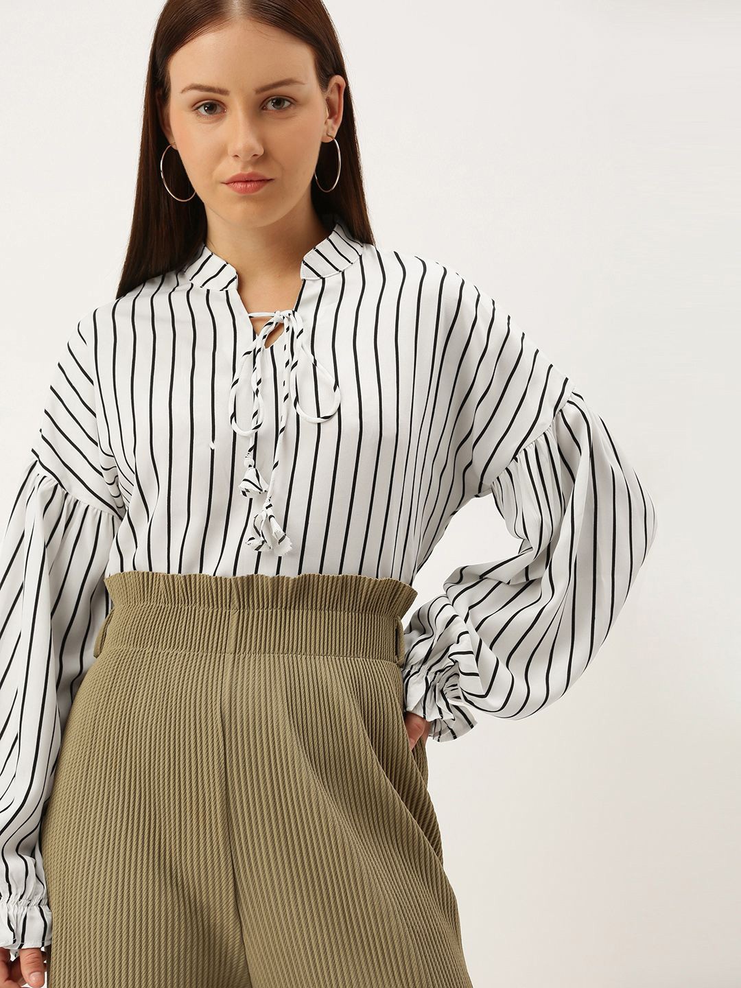 

SHECZZAR Women Striped Crepe Top, White