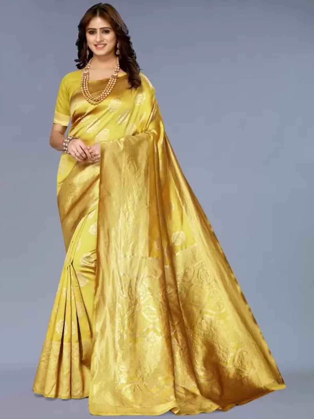 

SAADHVI Woven Design Zari Pure Silk Kanjeevaram Saree, Yellow