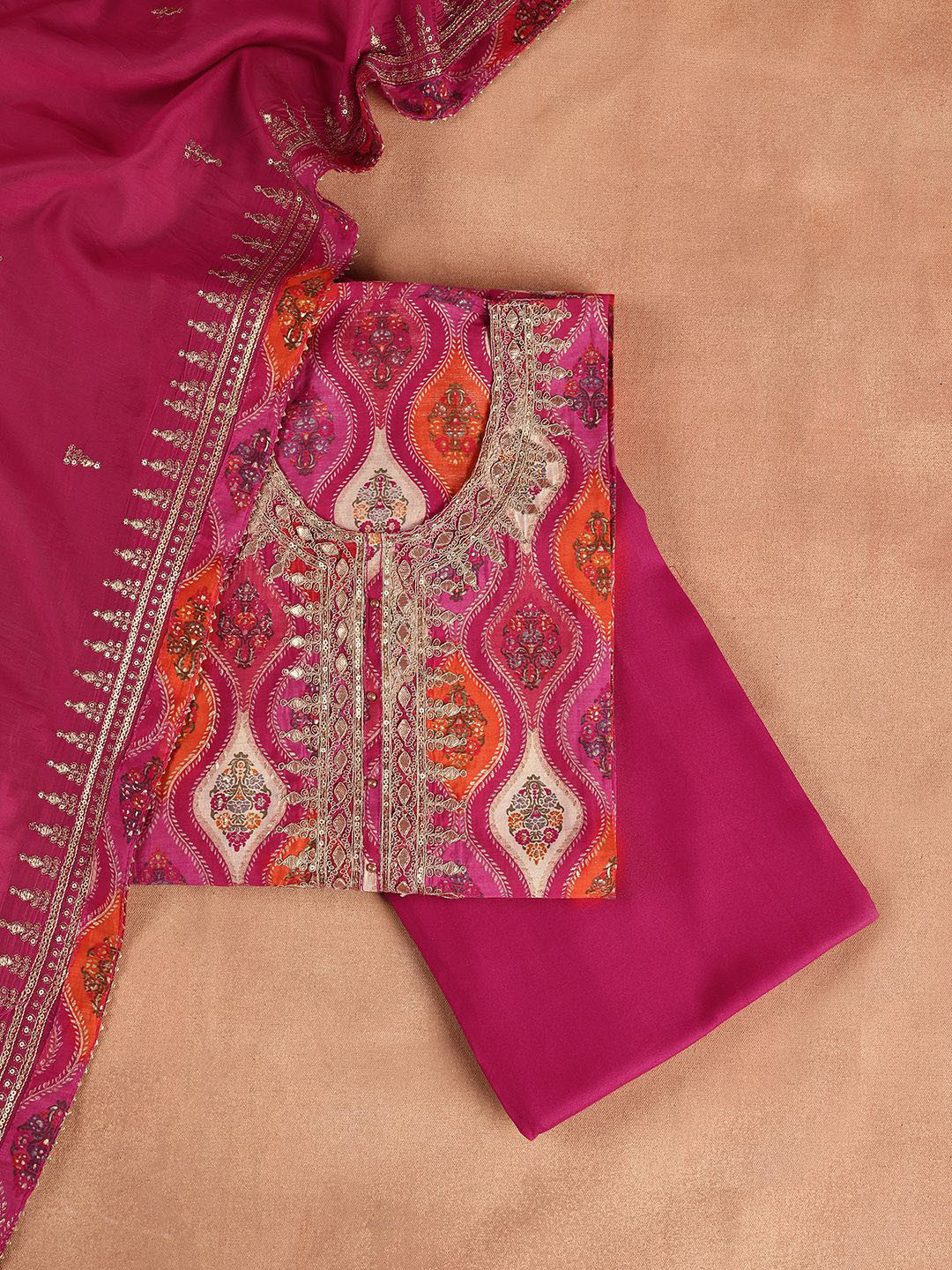 

Libas Ethnic Motifs Printed Zari Unstitched Dress Material, Pink