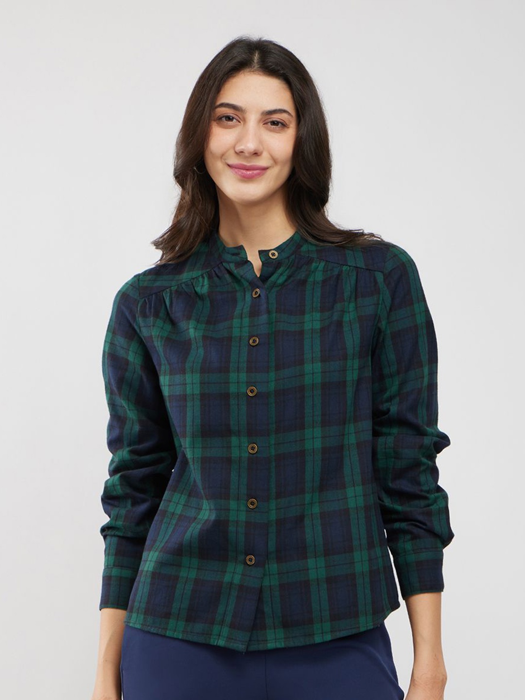 

FableStreet Women Plaid Button-Down Shirt, Green