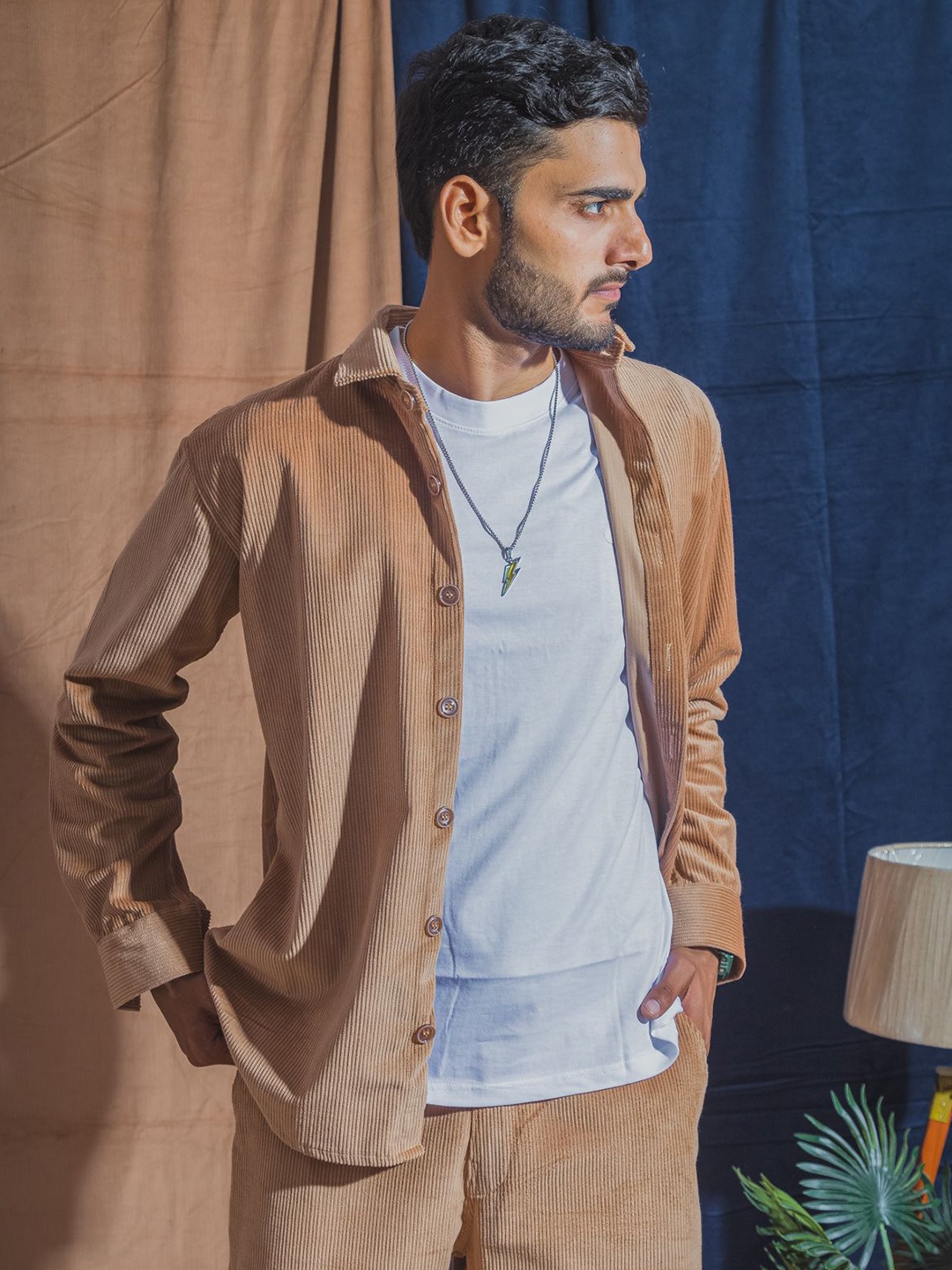 

JAVINISHKA Pure Cotton Corduroy Relaxed Fit Shirt, Beige