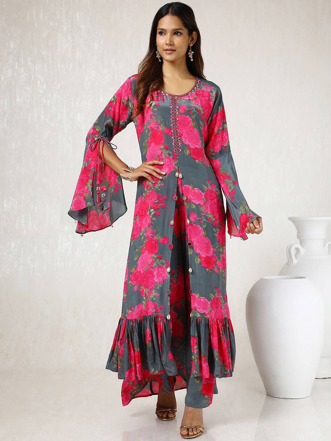 

Soch Grey Round Neck Long Sleeves Top With Palazzo