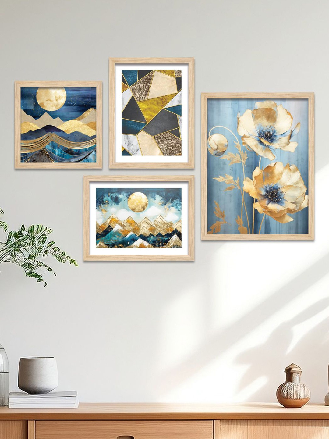 

ArtVibes Blue & White 4 Pieces Floral Printed Wooden Wall Arts