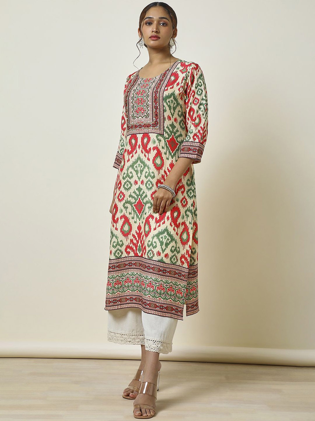 

Soch Cream-Coloured Ethnic Motifs Printed Mirror Work Straight Linen Blend Kurta
