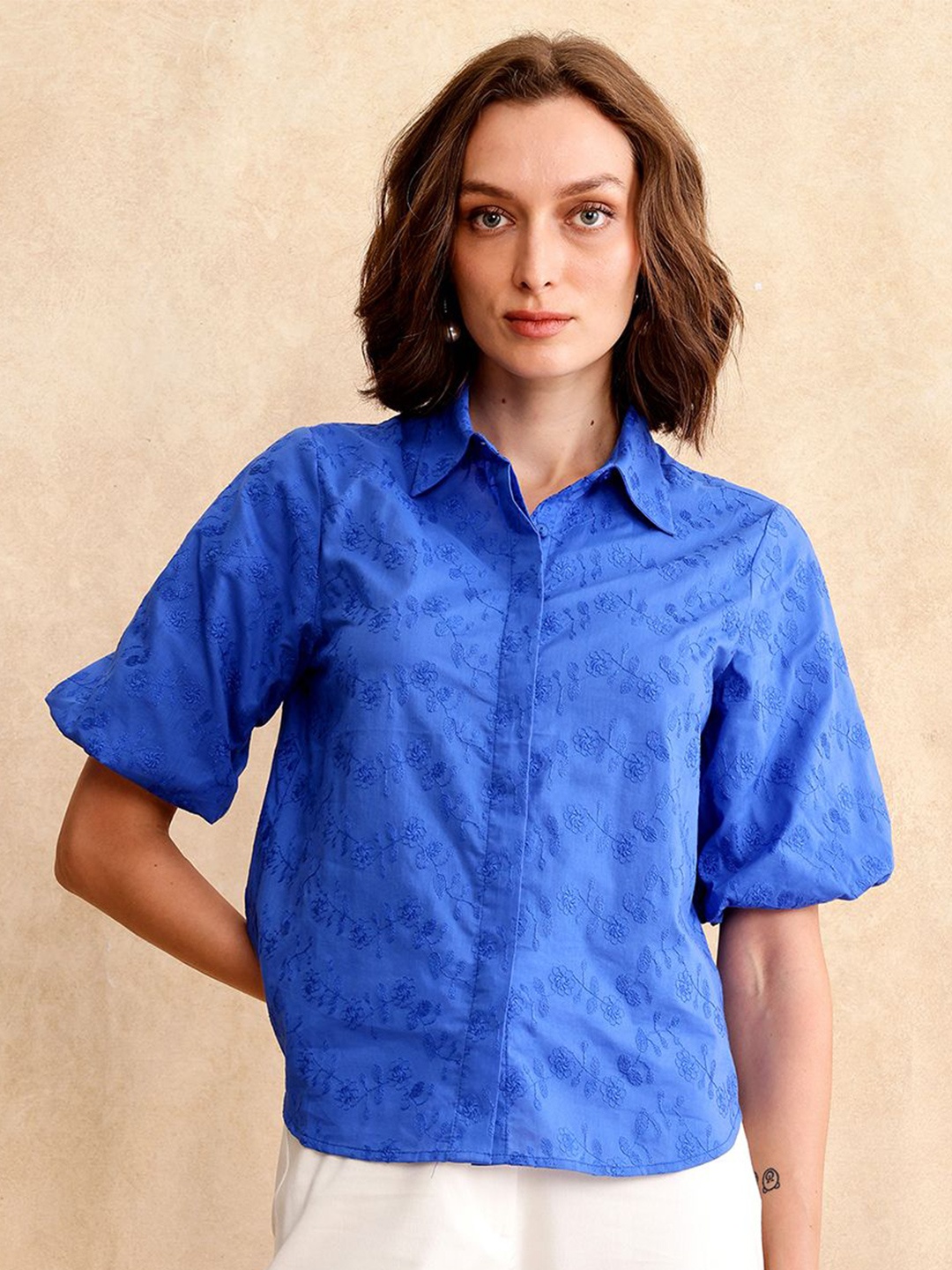 

RAREISM Women Comfort Spread Collar Textured Cotton Casual Shirt, Blue