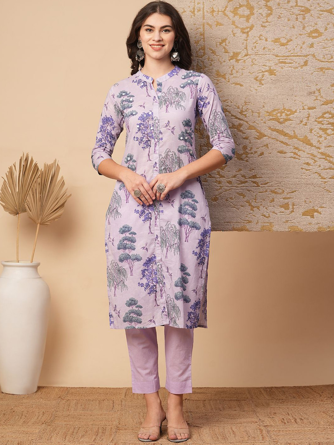 

FASHOR Lavender Ethnic Motifs Printed Mirror Work Pure Cotton Straight Kurta With Trousers