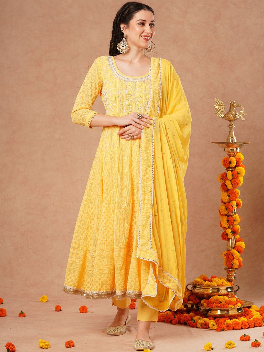 

FASHOR Yellow Floral Embroidered Chikankari Anarkali Kurta With Trousers & Dupatta