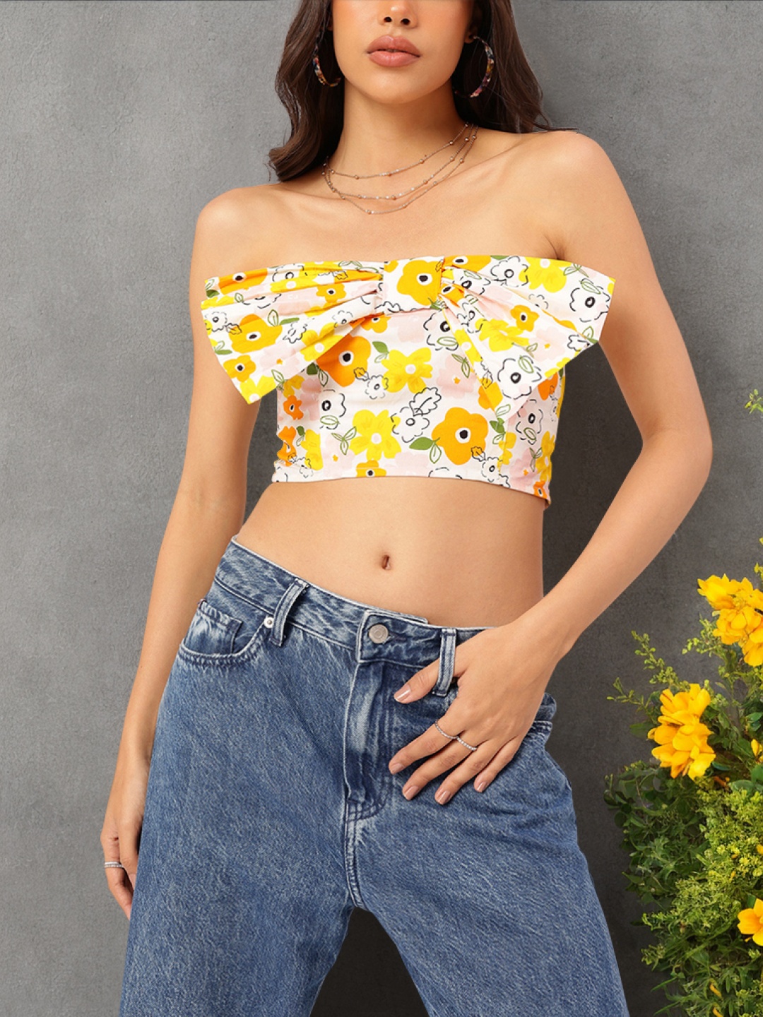 

DressBerry Floral Frenzy Bow-Front Smocked Tube Crop Top, White