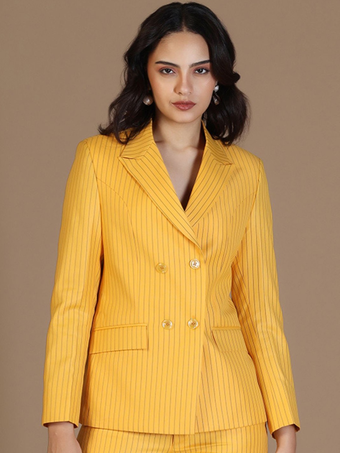 

TAHVO Striped Peaked Lapel Collar Double Breasted Formal Blazer, Yellow
