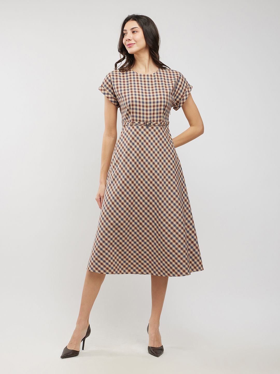 

FableStreet Checked Fit & Flare Midi Dress, Beige