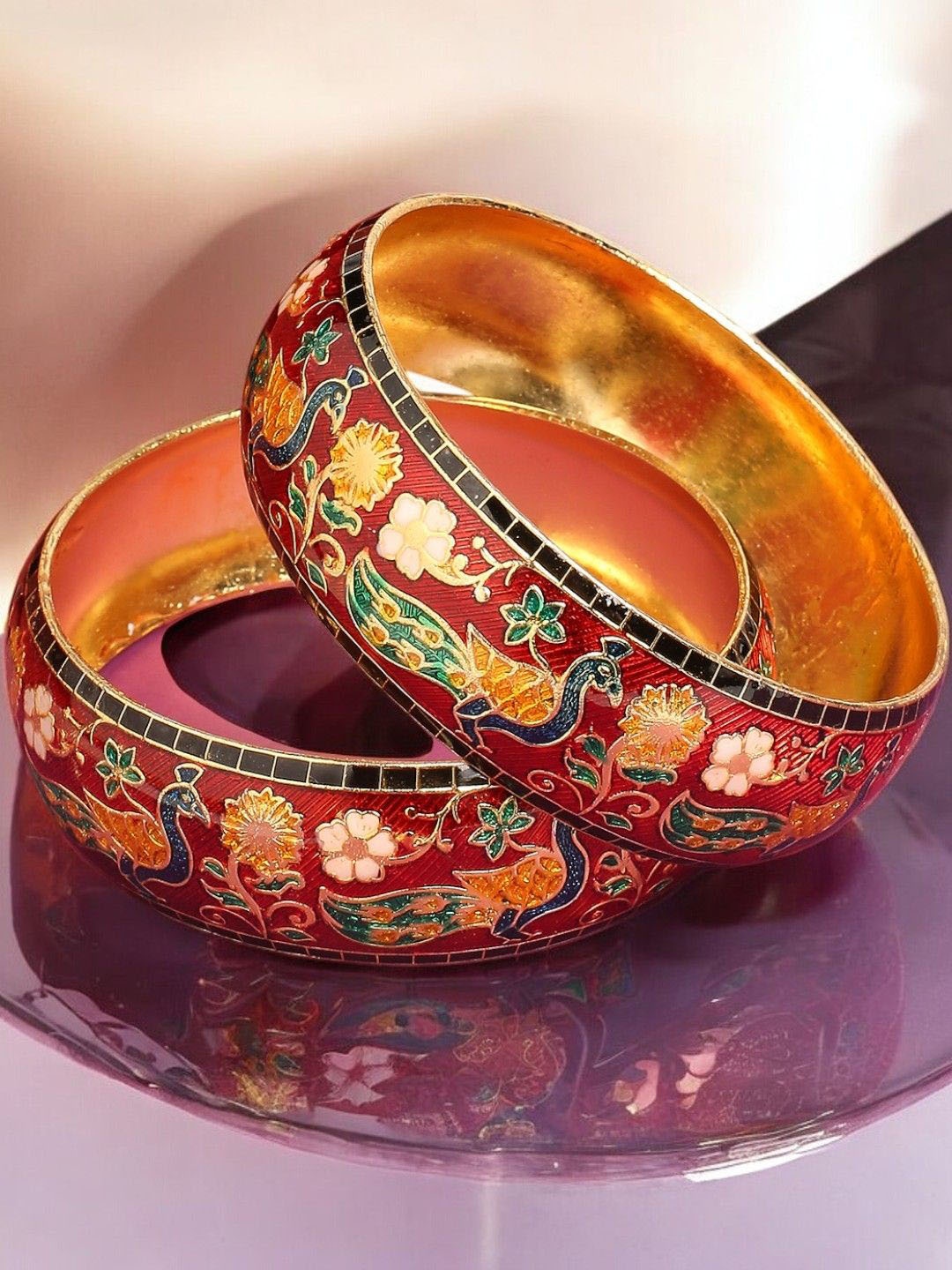 

Anouk Set Of 2 Meenakari Peacock & Floral Design Bangles, Gold