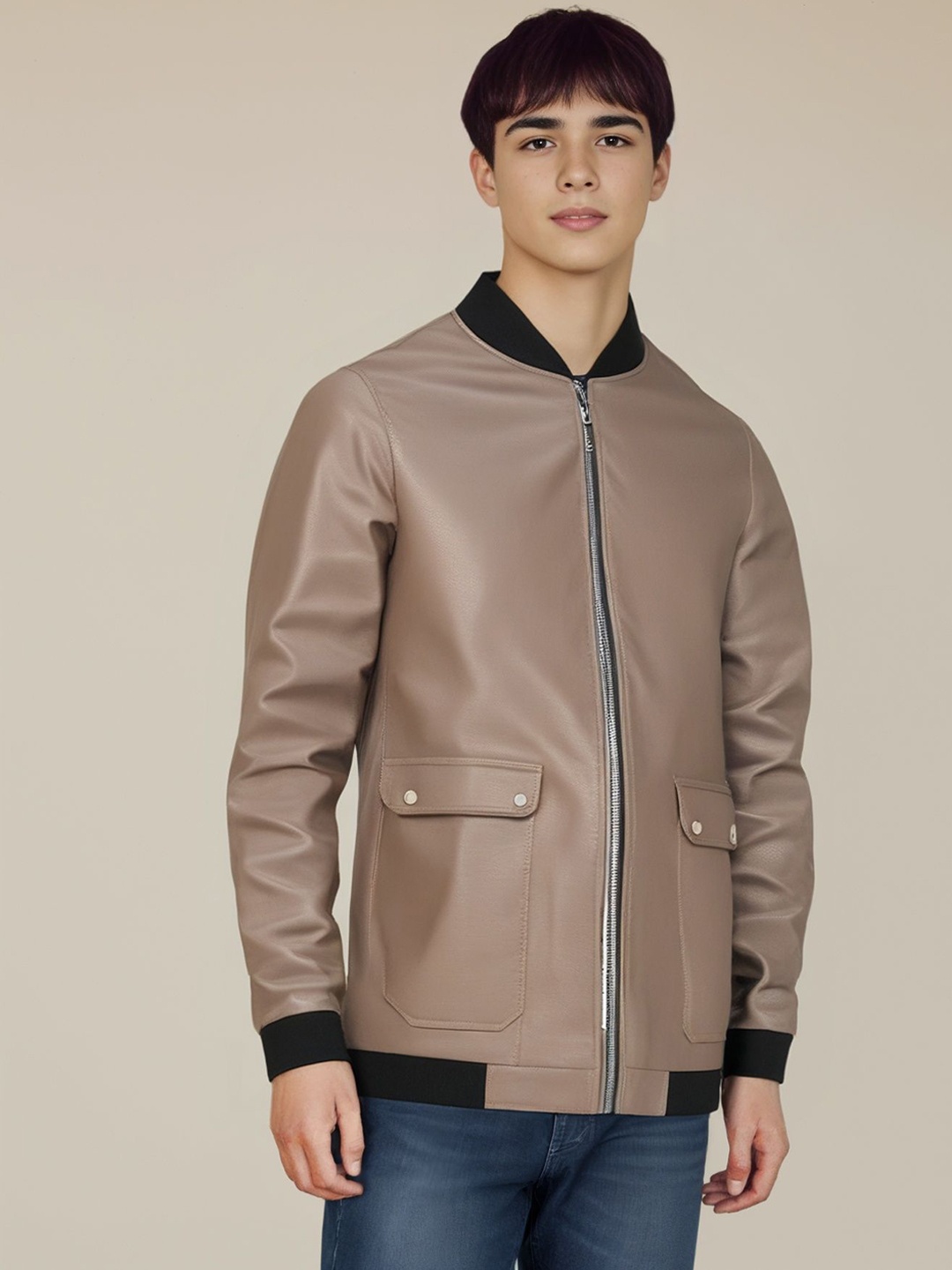 

StyleCast x Revolte Men Lightweight Leather Jacket, Khaki