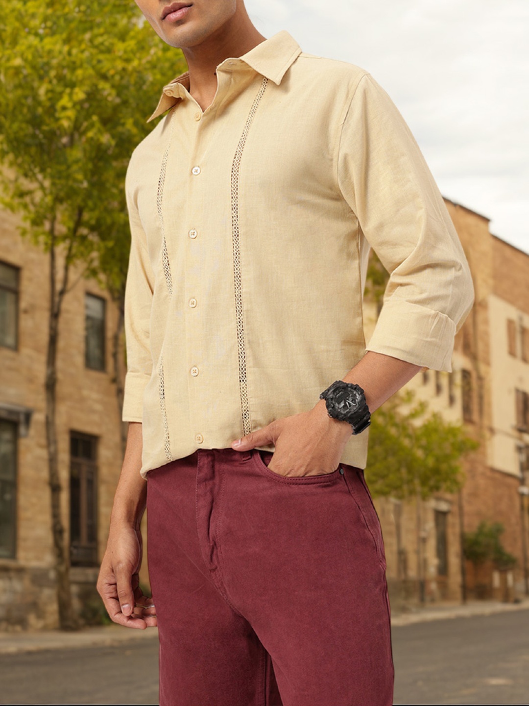 

Kook N Keech Chic Casual Shirt with Lace Insert, Beige