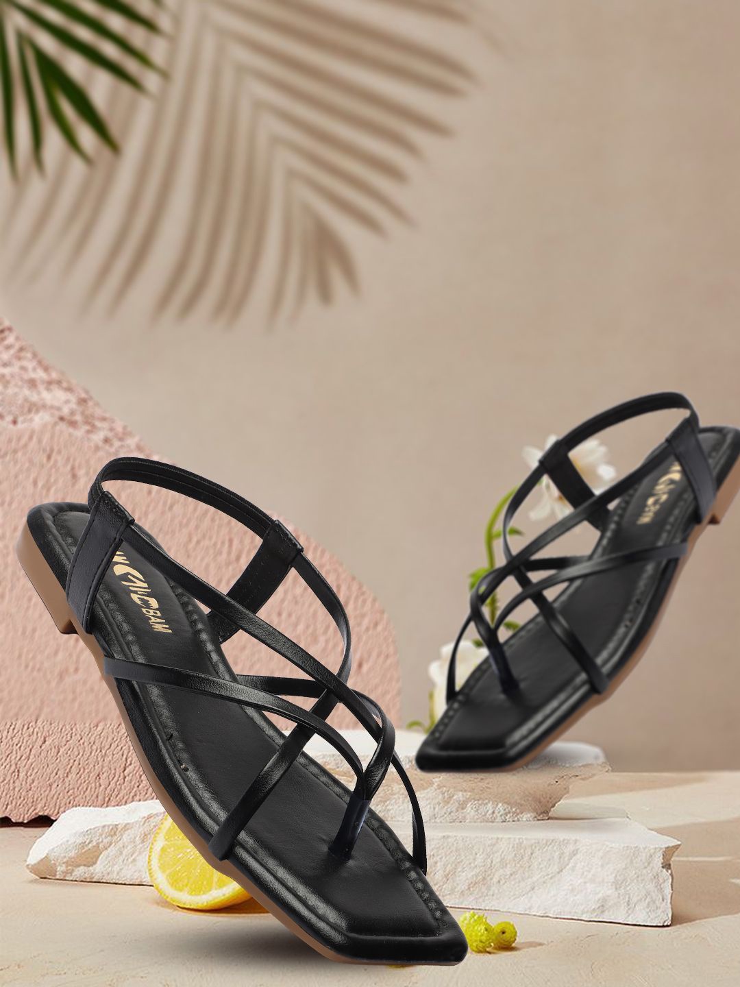 

bam bam Women Open Toe Flats, Black