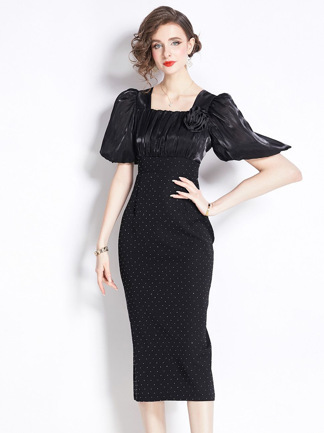 

JC Collection Women Polka Dot Printed Puff Sleeve Bodycon Midi Dress, Black