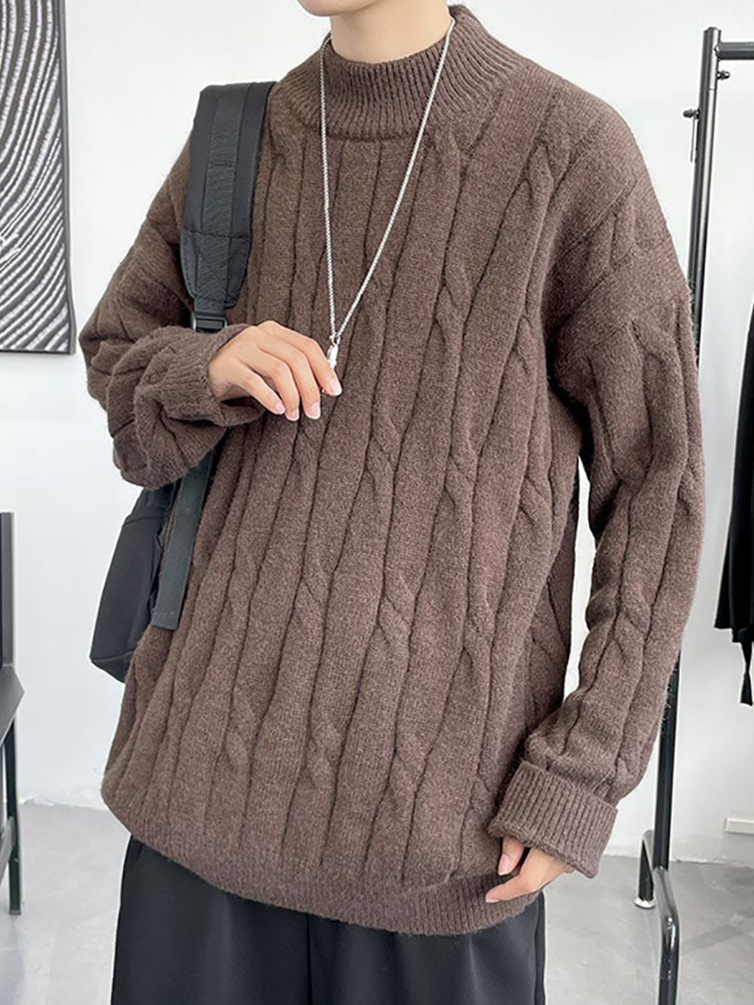 

StyleCast x Revolte Men Cable Knit Long Sleeves Pullover Sweaters, Coffee brown