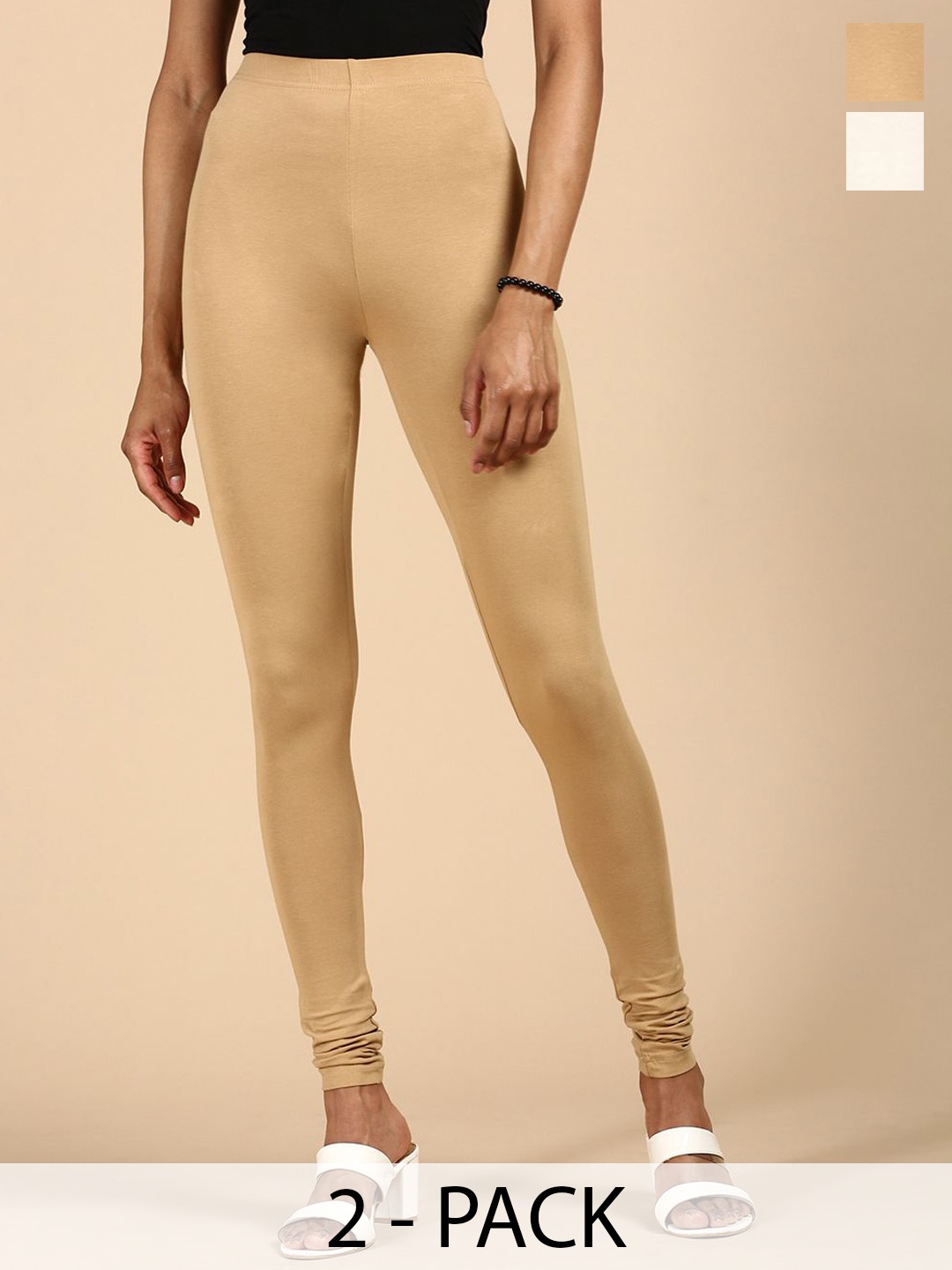 

De Moza Women Pack Of 2 Churidar Length Leggings, Off white