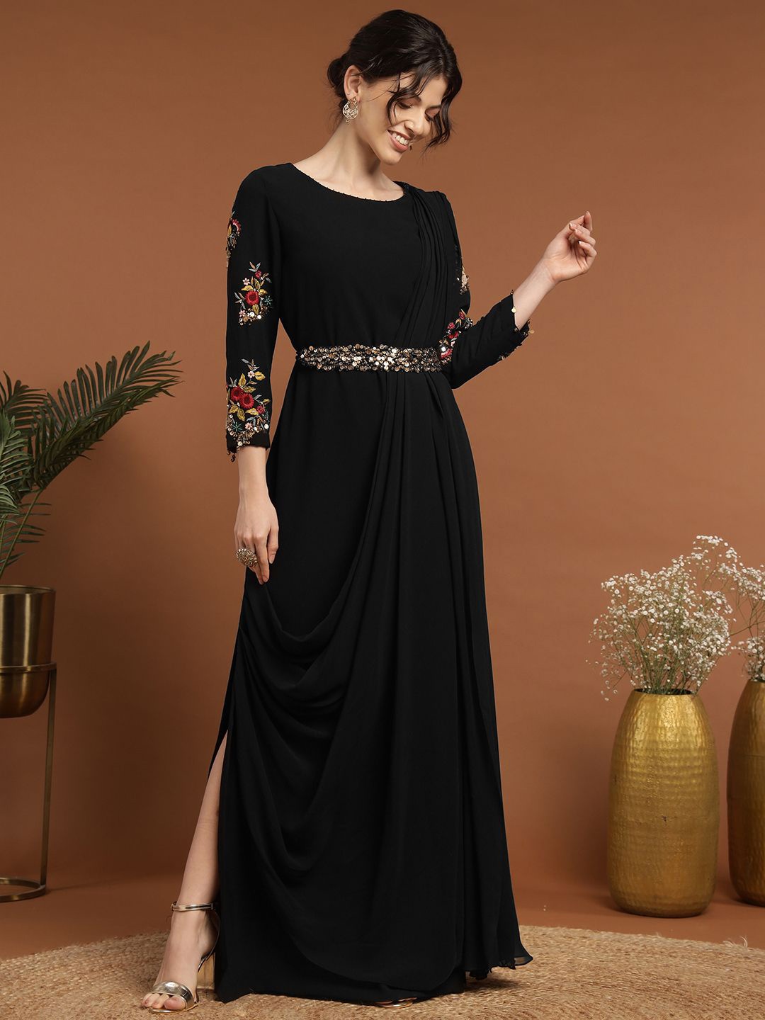 

RIRASA Embellished Sequined Cut Outs Detail Belted Georgette Maxi Dress, Black