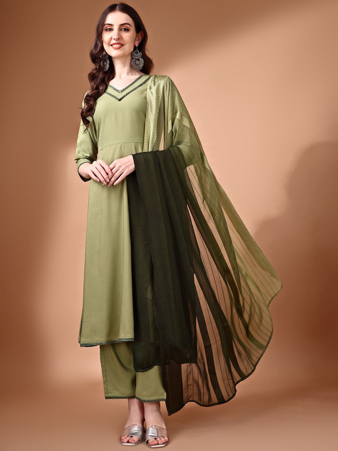 

KALINI V-Neck Kurta With Palazzos & Dupatta, Green