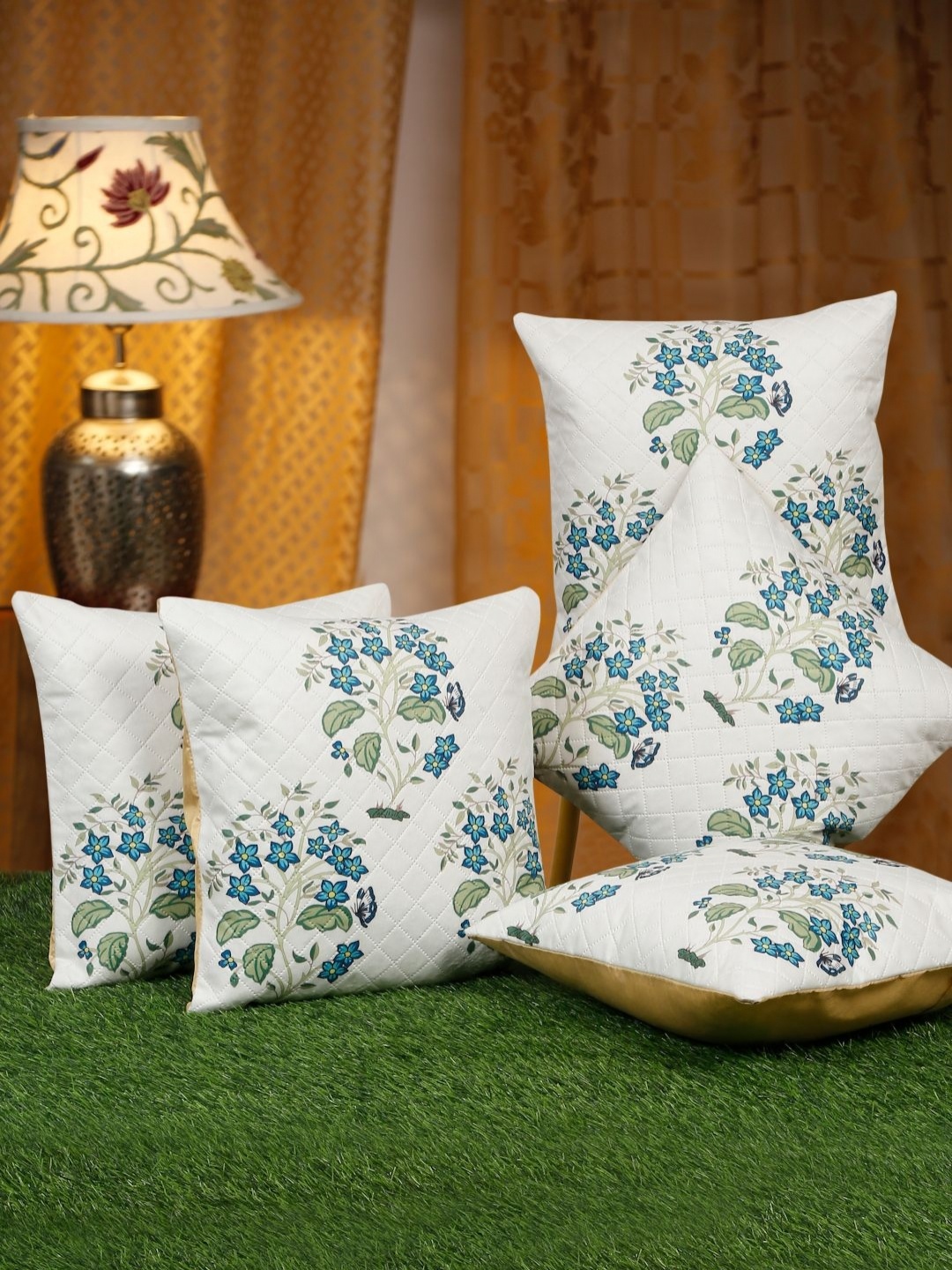 

SOKNACK White & Green 5 Pieces Floral Velvet Square Cushion Covers