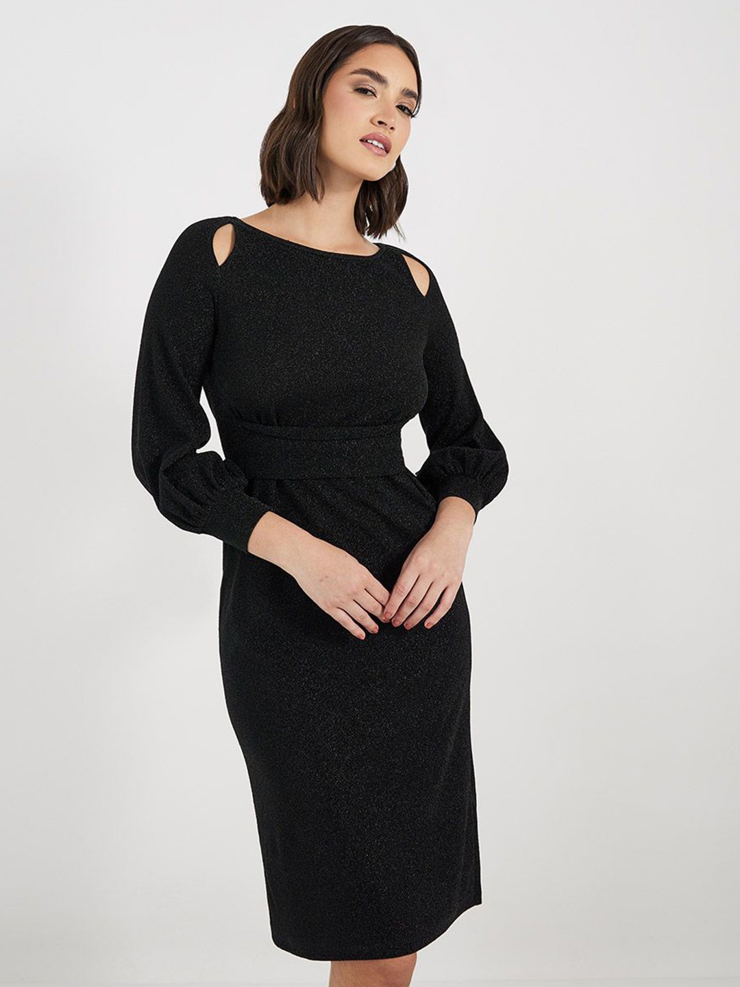 

Styli Women Solid Boat Neck Puff Sleeves Bodycon Knee Length Dress, Black