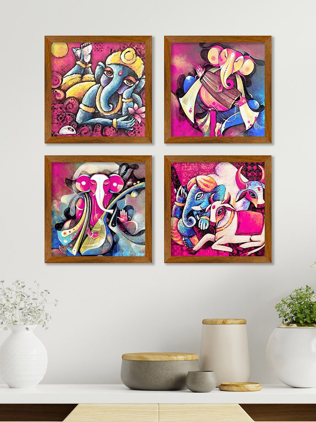 

ArtVibes Blue & White 4 Pieces Lord Ganesha Wooden Painting Wall Art