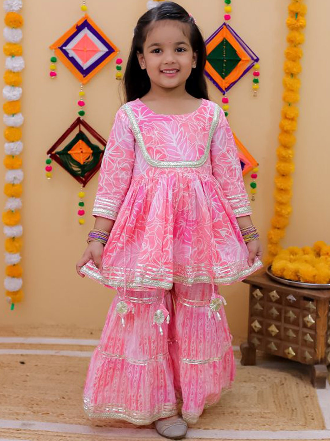 

AATYA KIIDS Girls Floral Printed Pure Cotton Anarkali Kurta With Sharara, Pink