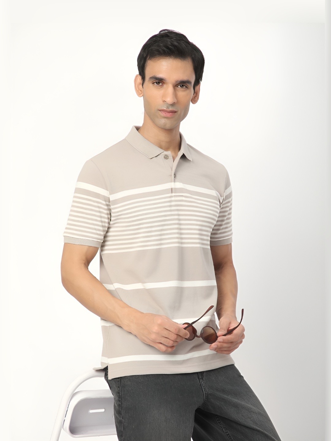 

R&B Men Striped Polo Collar Pockets T-shirt, Beige