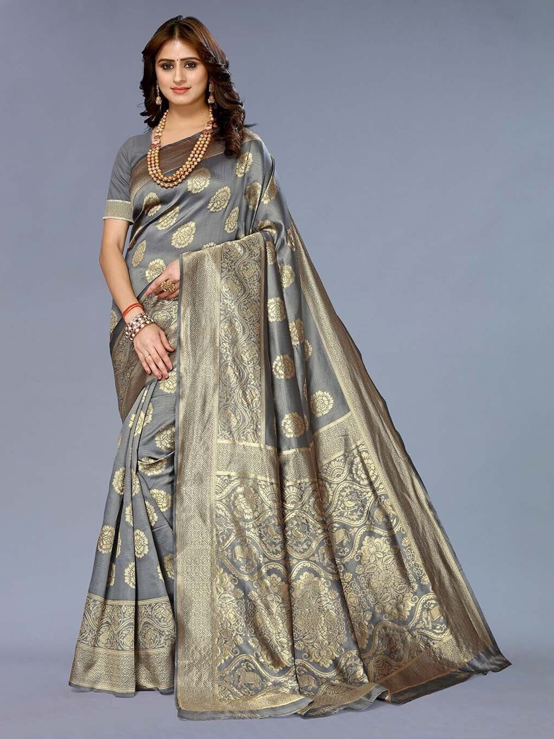 

SAADHVI Woven Design Zari Pure Silk Kanjeevaram Saree, Grey