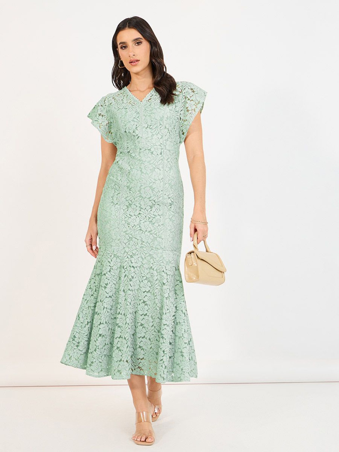 

Styli Women Self Design V-Neck Sheath Maxi Length Lace Dress with Belt, Green