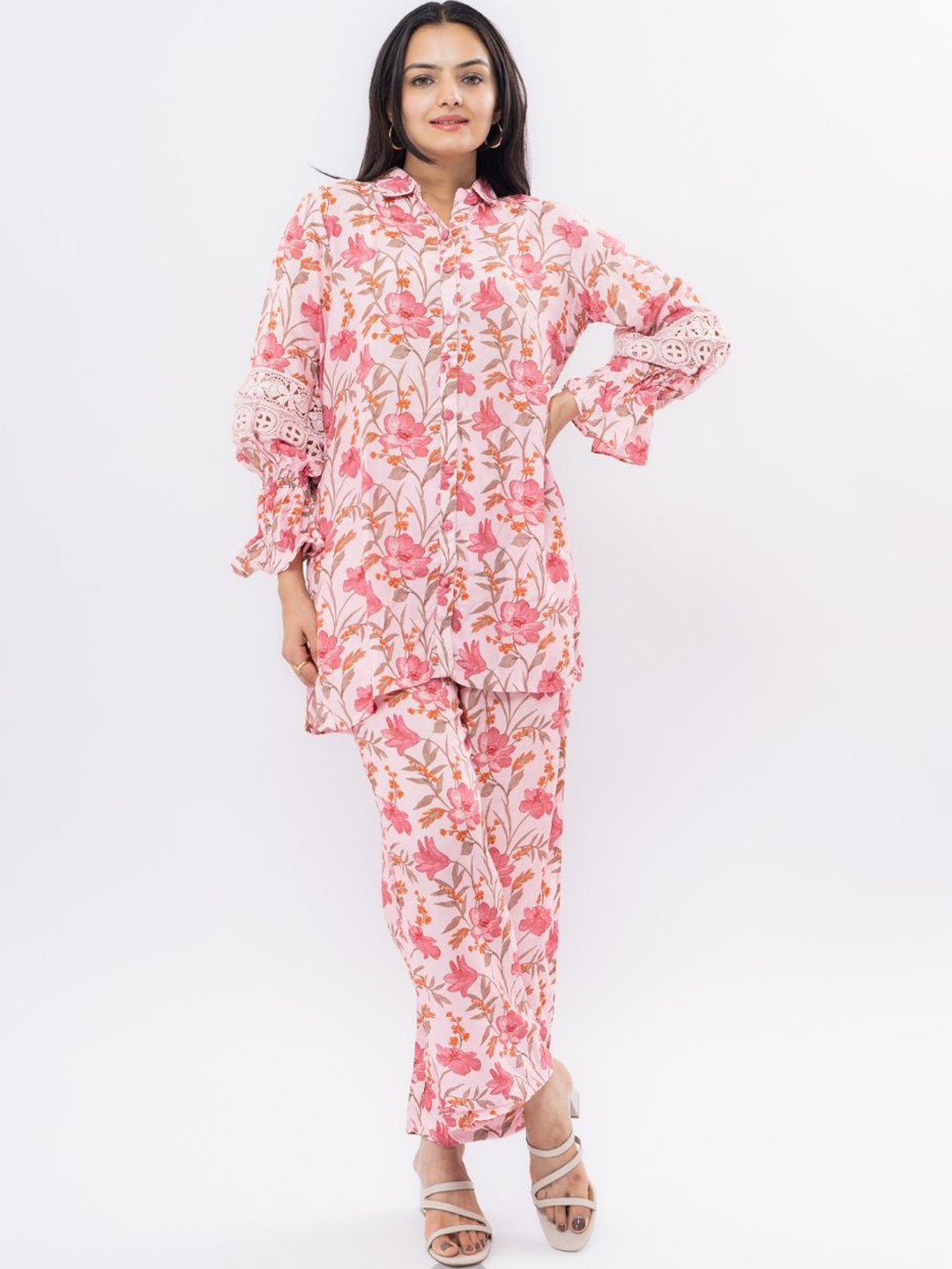 

EKISHA Floral Printed Shirt Collar Long Sleeves Shirt With Trouser, Pink