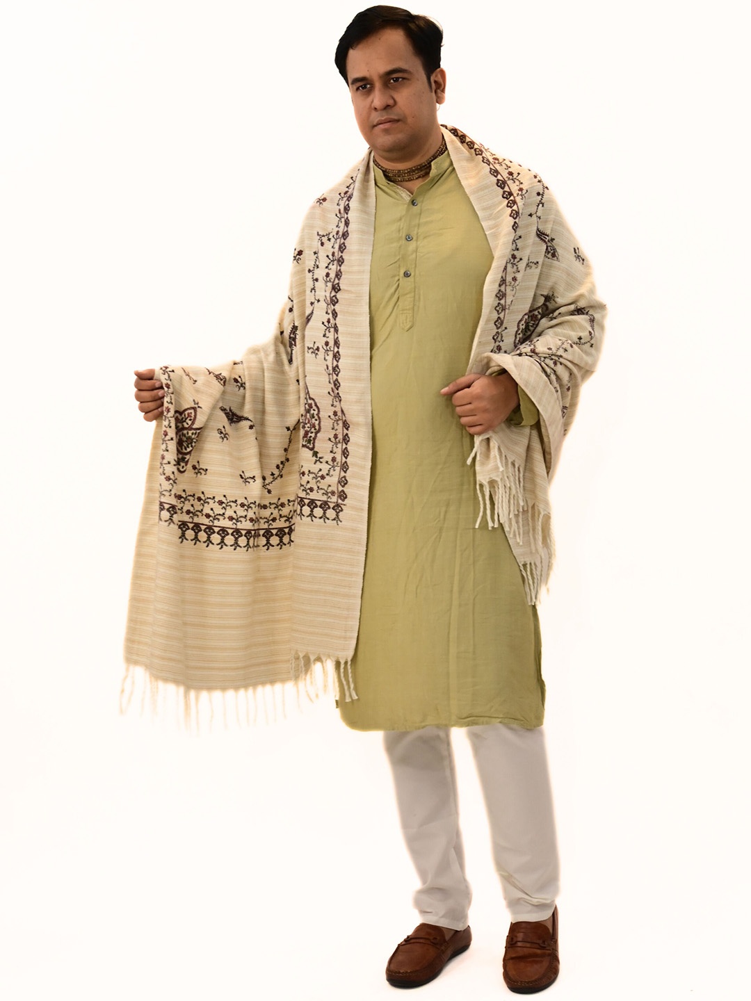 

Vrinde Printed Pure Woollen Shawl, Beige