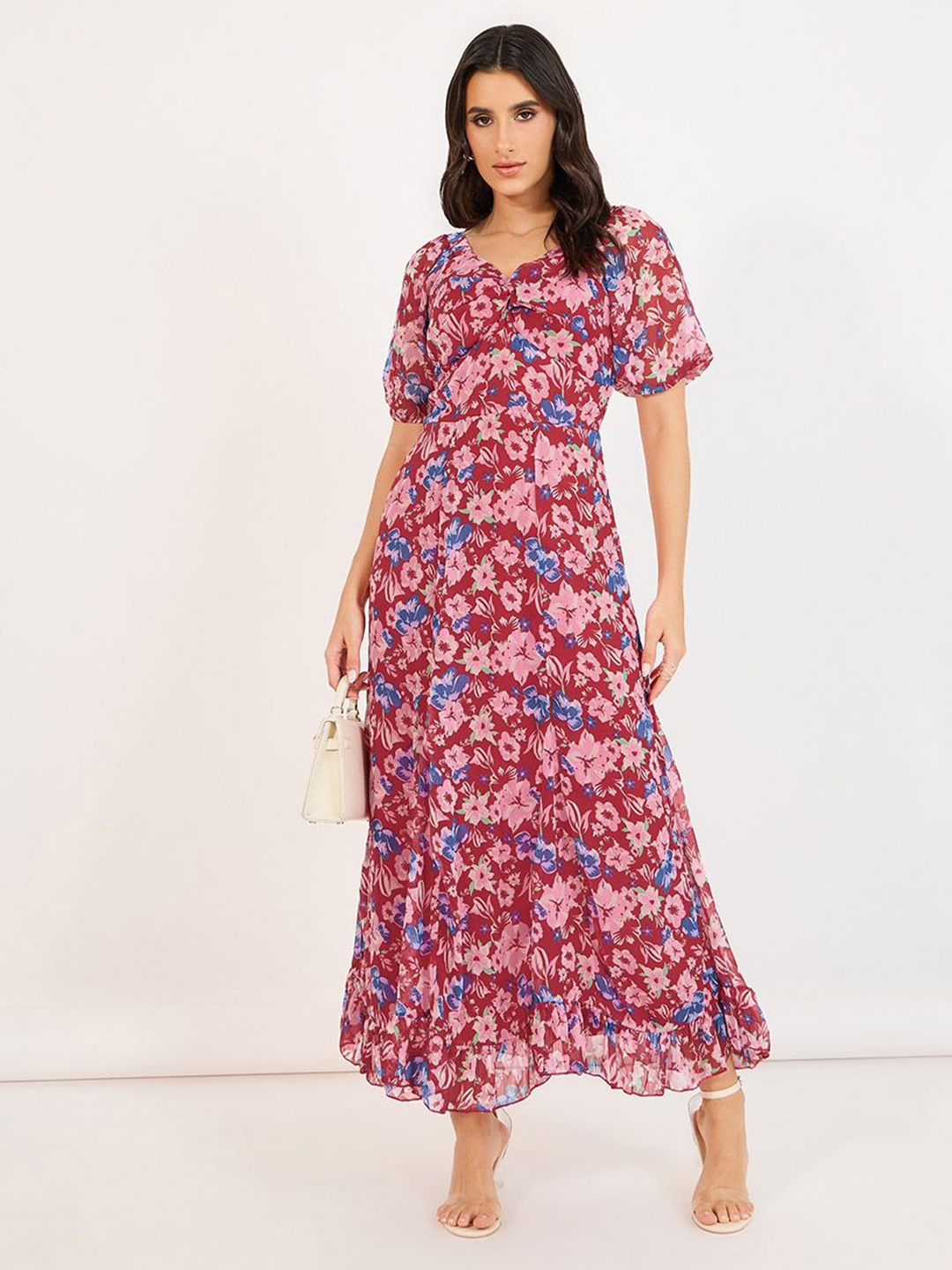 

Styli Women Sweetheart Neck Puff Sleeve A-Line Dress with Ruffle Flare Hem, Red