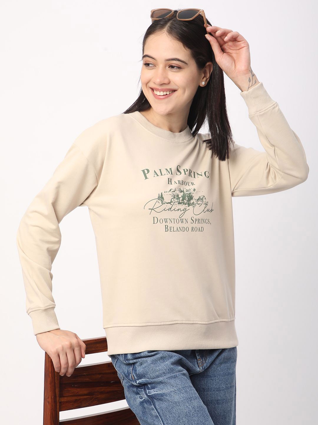 

R&B Women Printed Pullover Sweatshirt, Beige