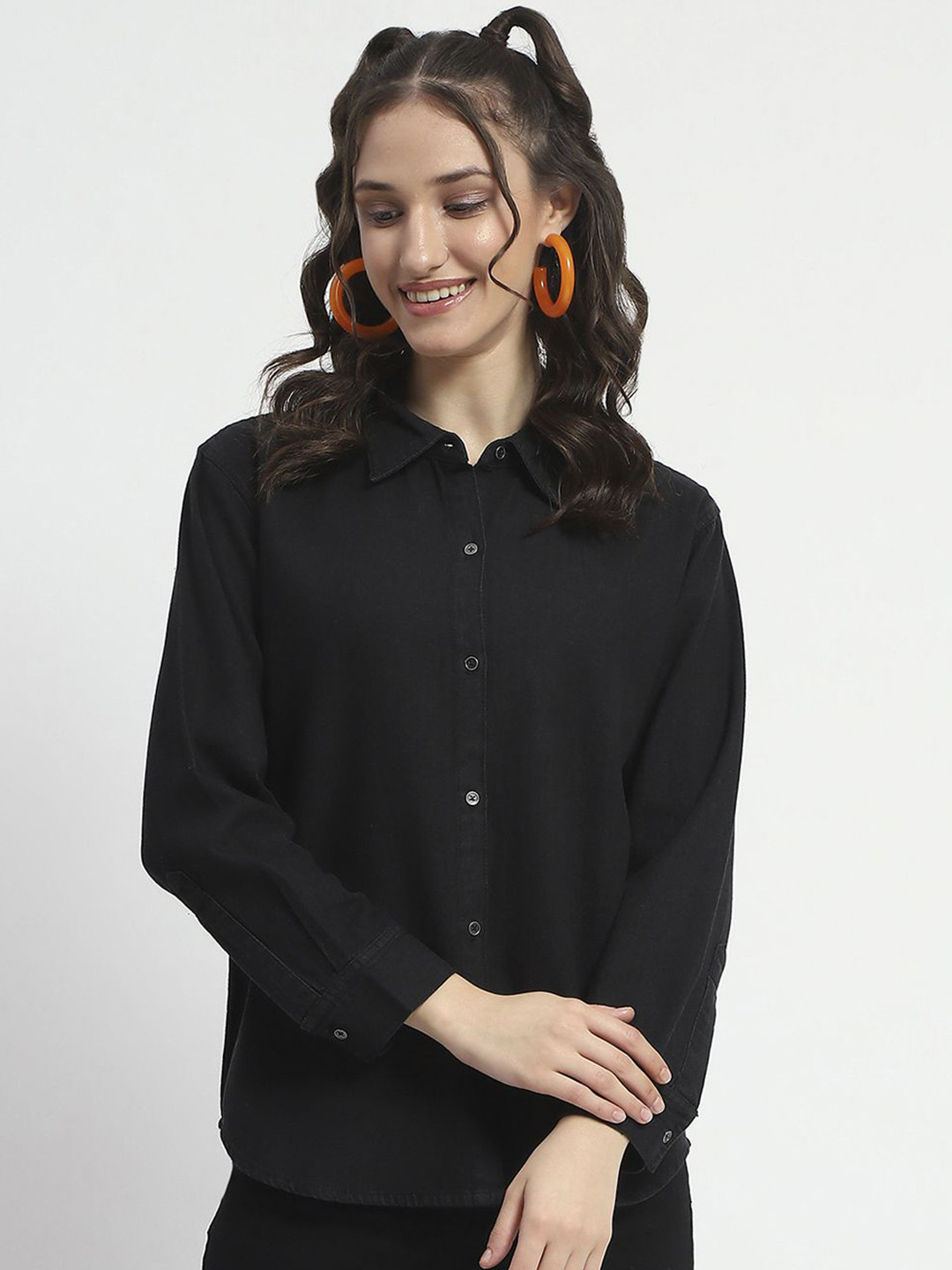 

Madame Women Spread Collar Solid Cotton Casual Shirt, Black