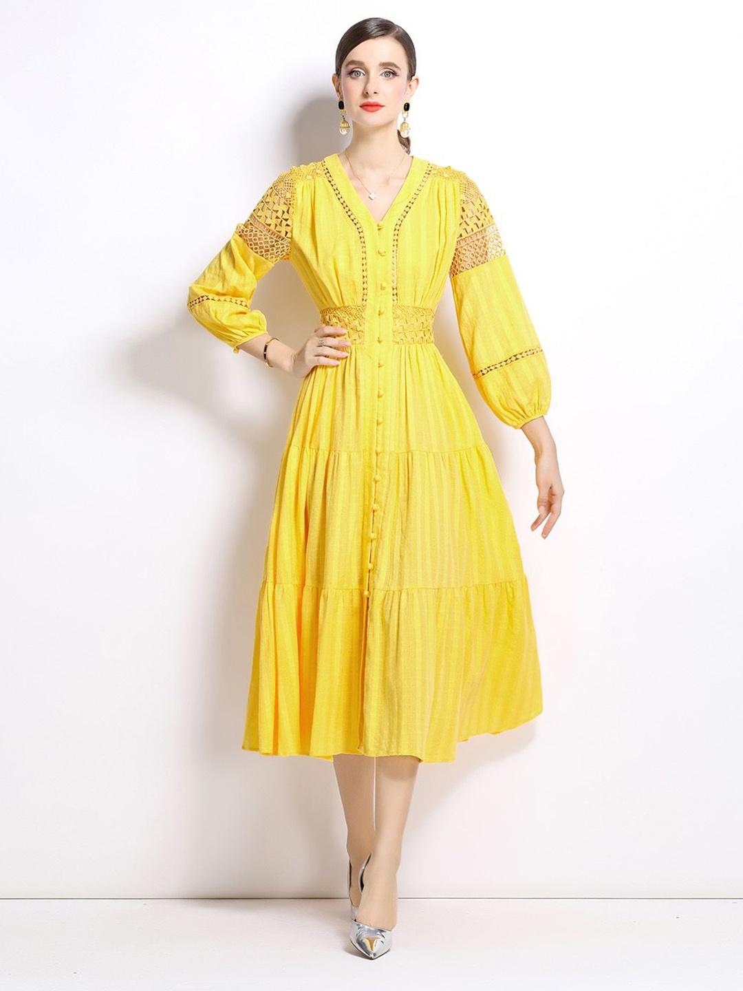 

JC Collection Women Puff Sleeves Fit - Flare Midi Dress, Yellow