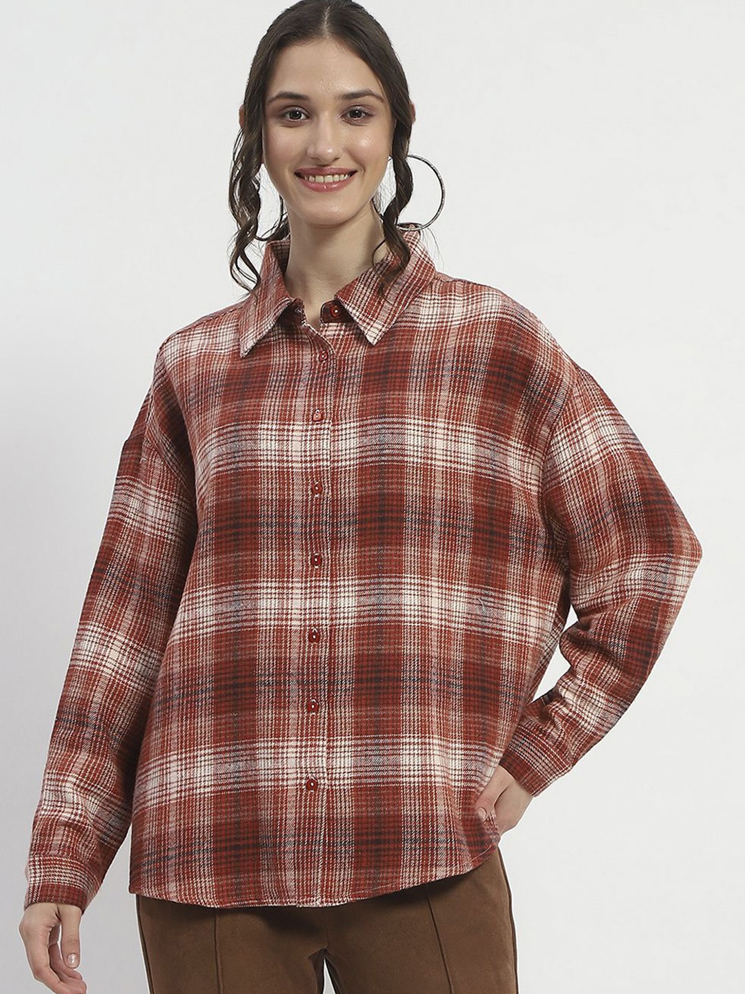 

Madame Women Spread Collar Checked Cotton Casual Shirt, Brown