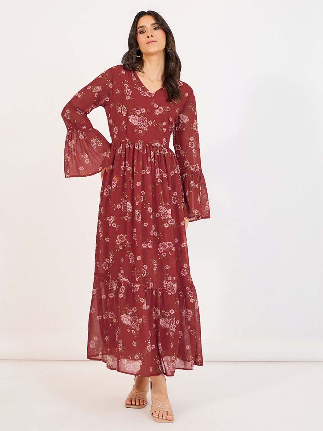 

Styli Women Floral Printed V-Neck Bell Sleeves Fit and Flare Maxi Dress, Brown