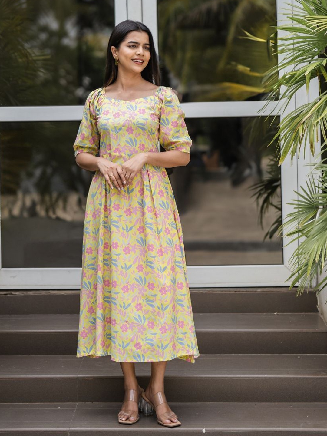 

HAY Women Floral Printed Fit & Flare Dress, Yellow
